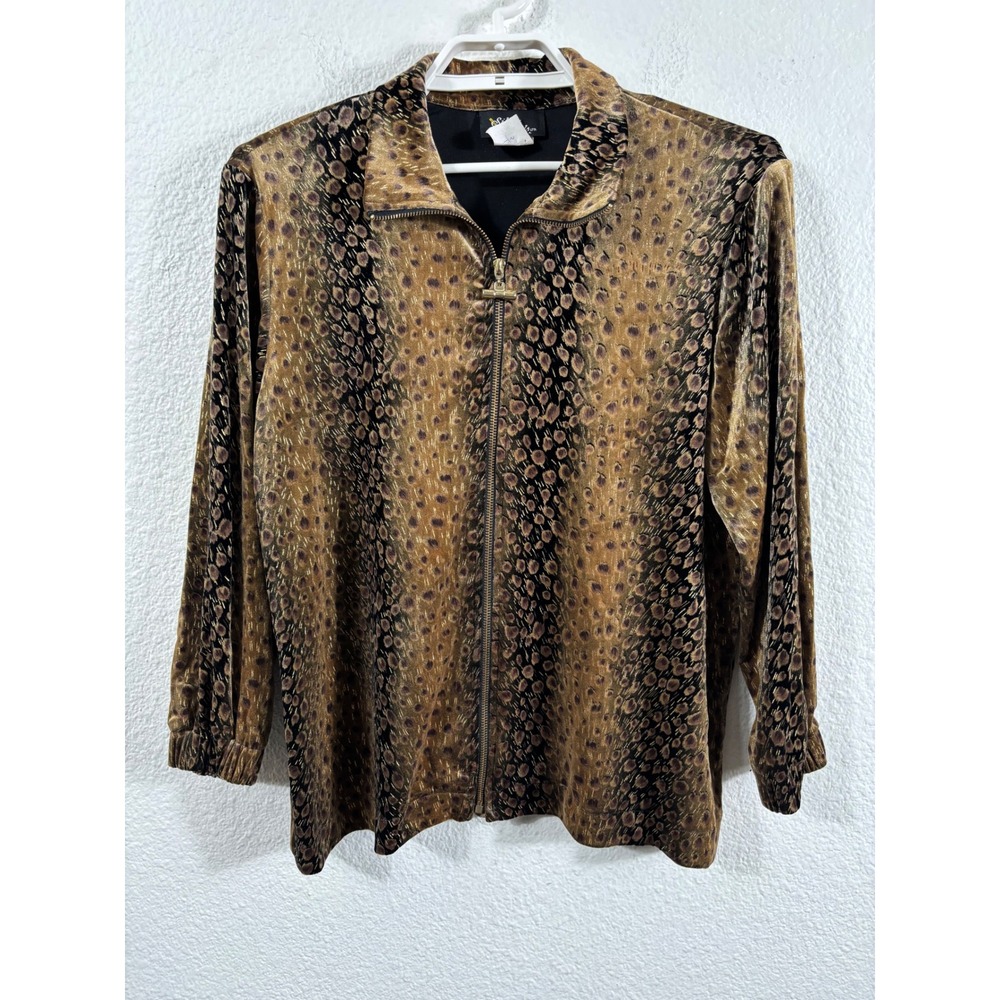 Silver Threads Vintage Metallic Velvet Animal Print Zip Up Jacket Gold Womens PL